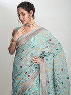 Janasya Sea Green Linen Blend Floral Jacquard Saree | Grocsy