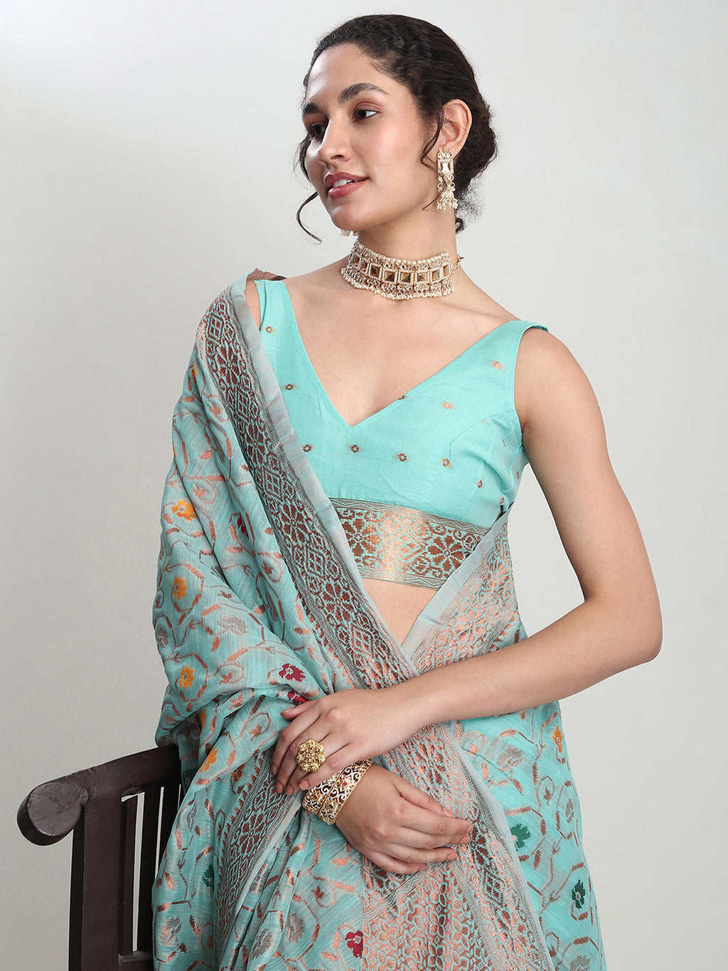 Janasya Sea Green Linen Blend Floral Jacquard Saree | Grocsy