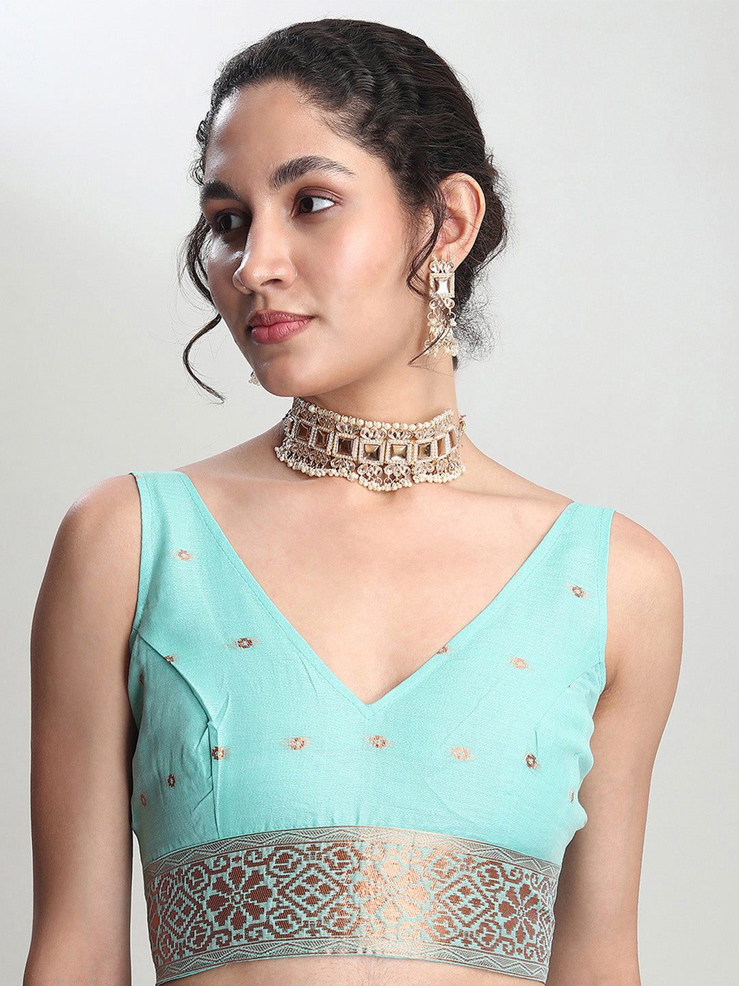 Janasya Sea Green Linen Blend Floral Jacquard Saree | Grocsy