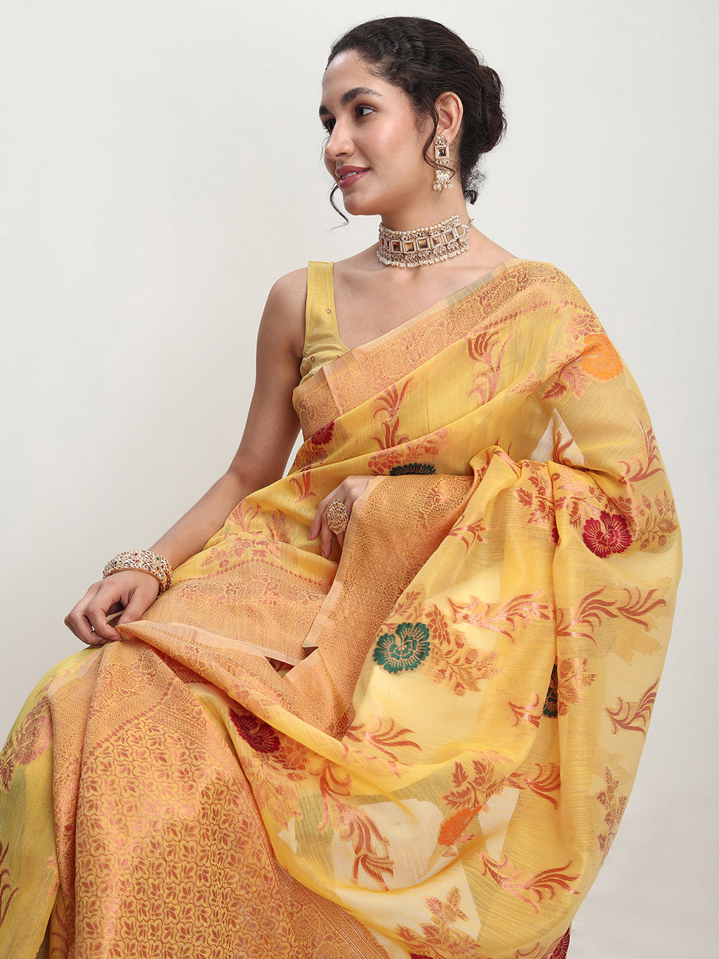 Janasya Yellow Linen Blend Floral Jacquard Saree | Grocsy