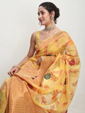 Janasya Yellow Linen Blend Floral Jacquard Saree | Grocsy