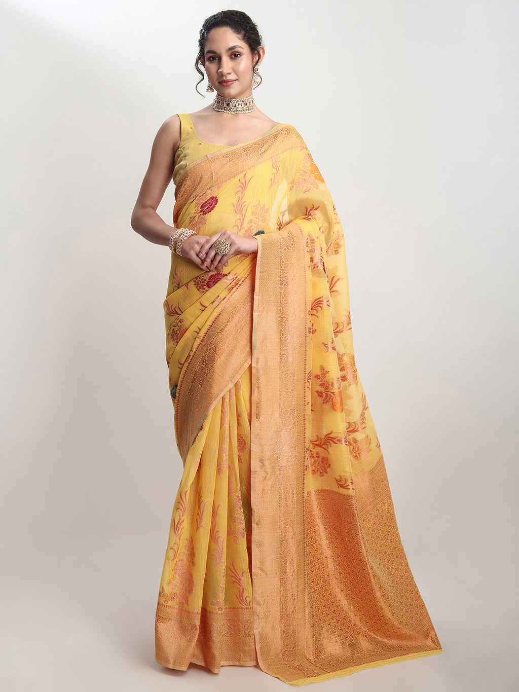 Janasya Yellow Linen Blend Floral Jacquard Saree | Grocsy