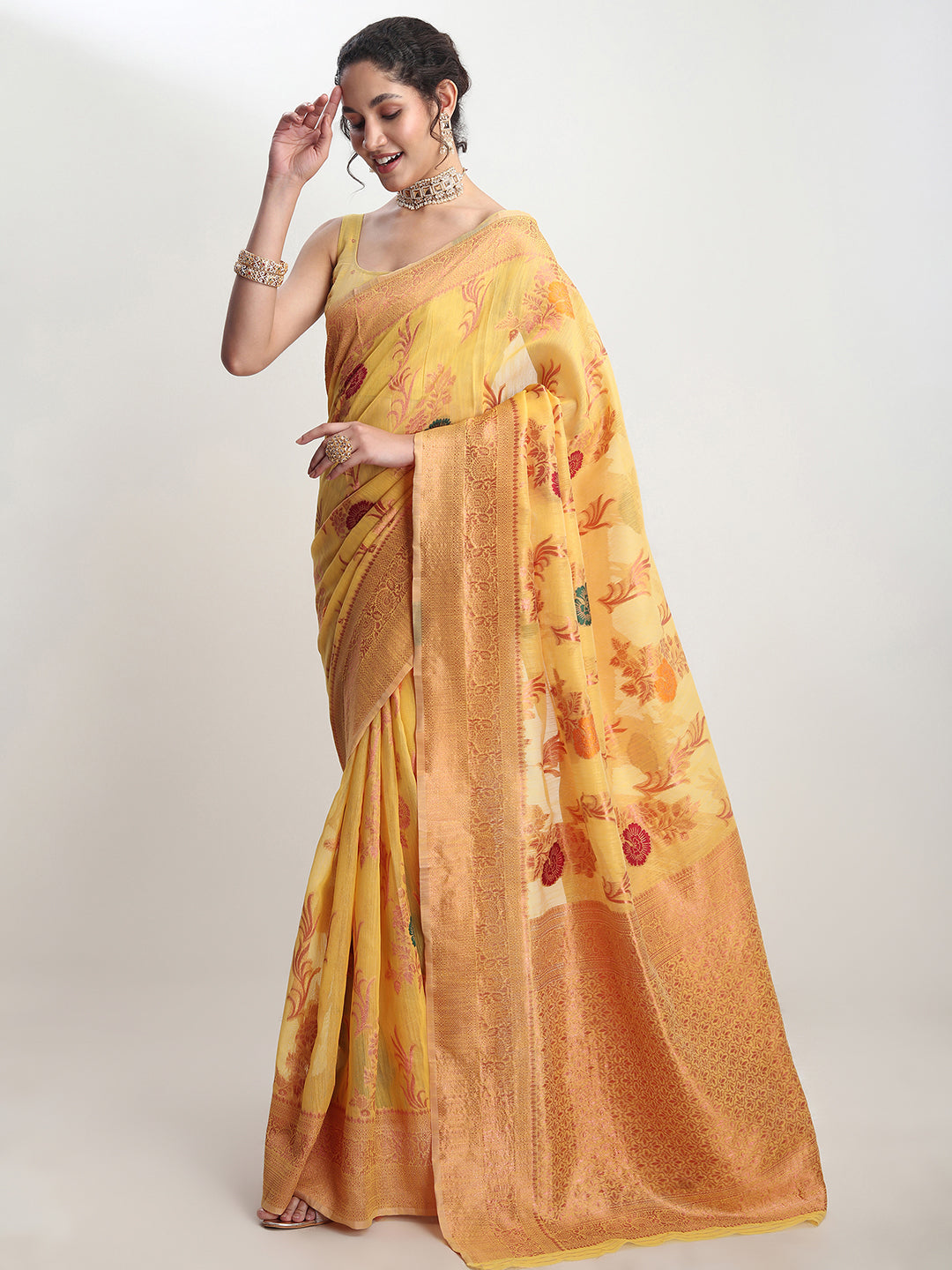 Janasya Yellow Linen Blend Floral Jacquard Saree | Grocsy
