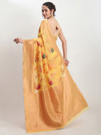 Janasya Yellow Linen Blend Floral Jacquard Saree | Grocsy