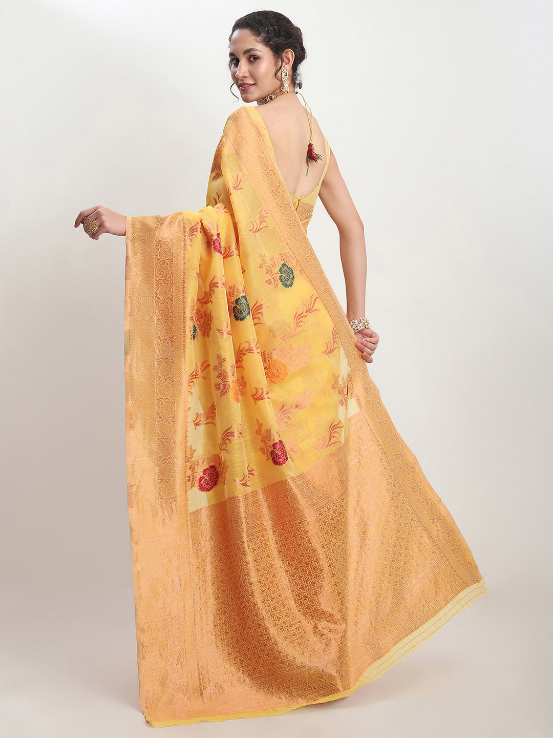 Janasya Yellow Linen Blend Floral Jacquard Saree | Grocsy