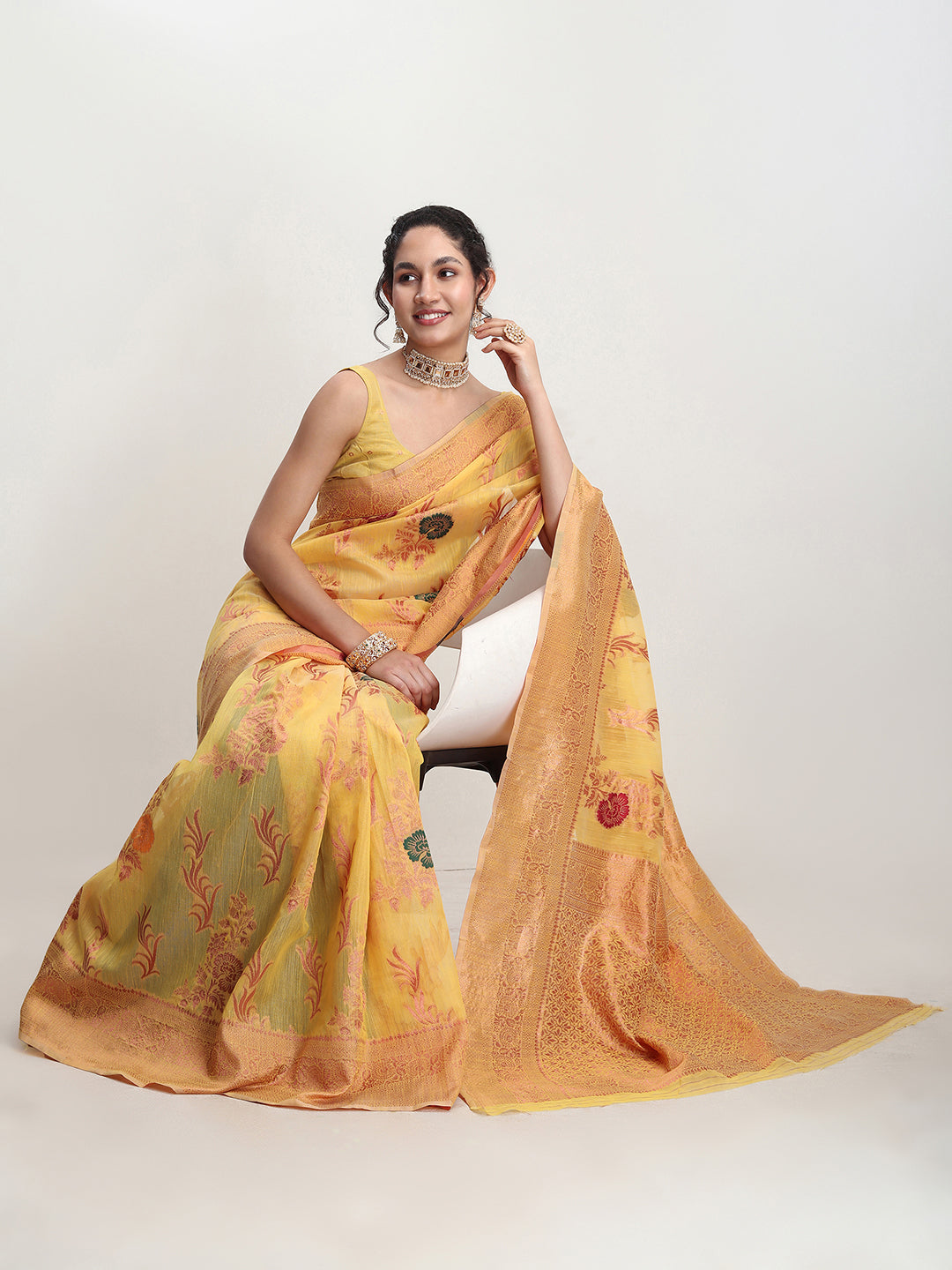 Janasya Yellow Linen Blend Floral Jacquard Saree | Grocsy