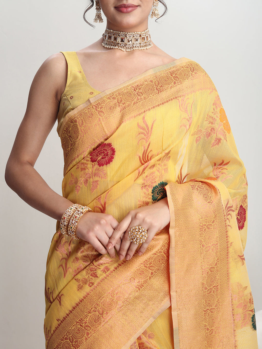 Janasya Yellow Linen Blend Floral Jacquard Saree | Grocsy