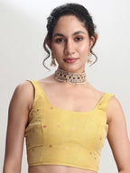 Janasya Yellow Linen Blend Floral Jacquard Saree | Grocsy