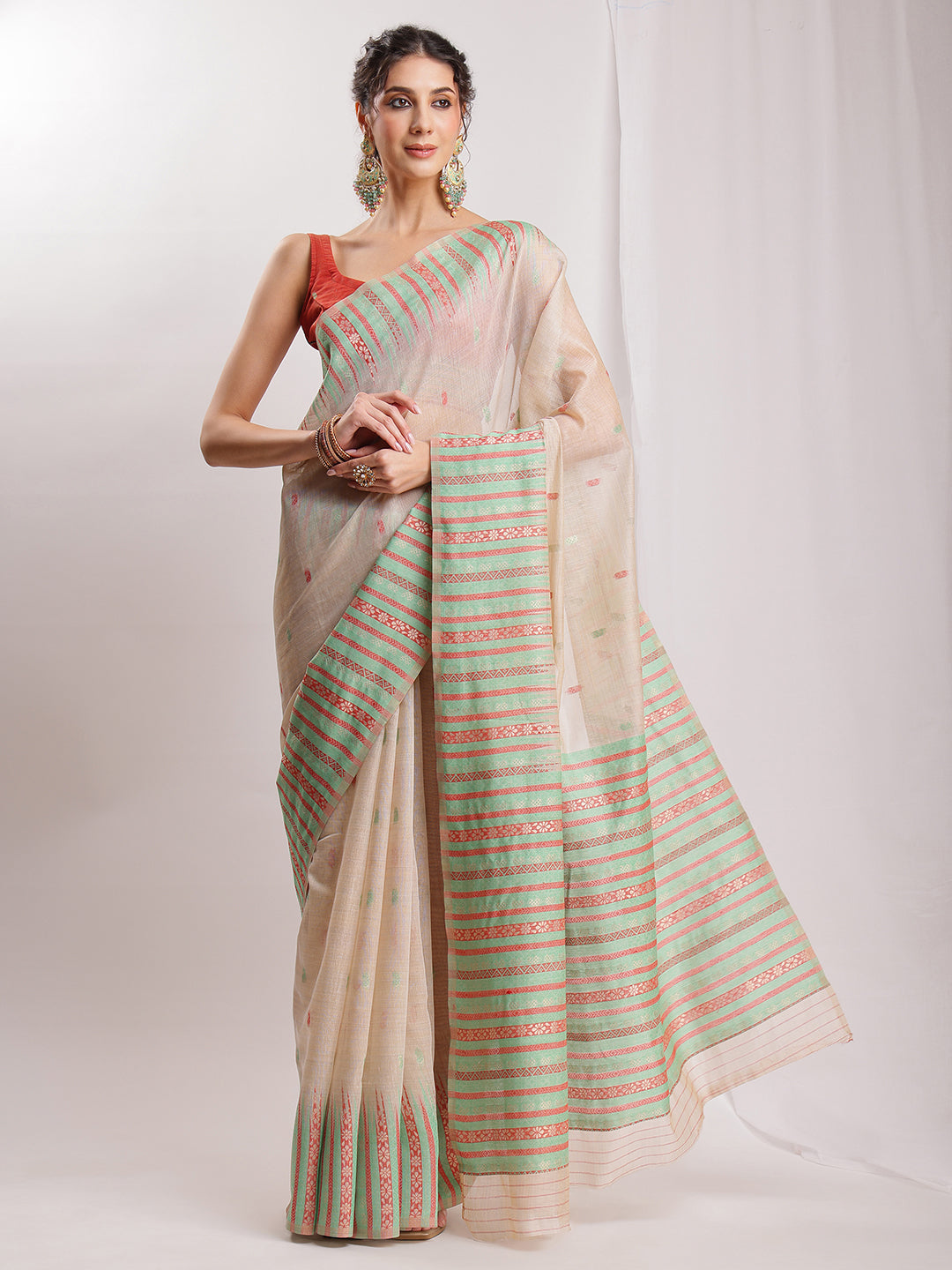Janasya Beige Silk Blend Ikkat Jacquard Saree | Grocsy