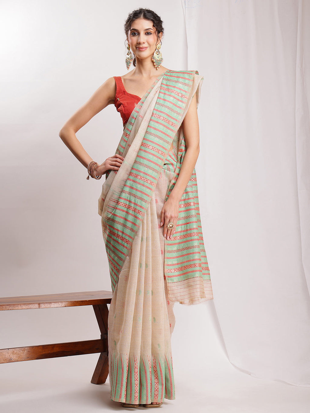 Janasya Beige Silk Blend Ikkat Jacquard Saree | Grocsy