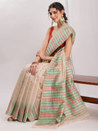 Janasya Beige Silk Blend Ikkat Jacquard Saree | Grocsy
