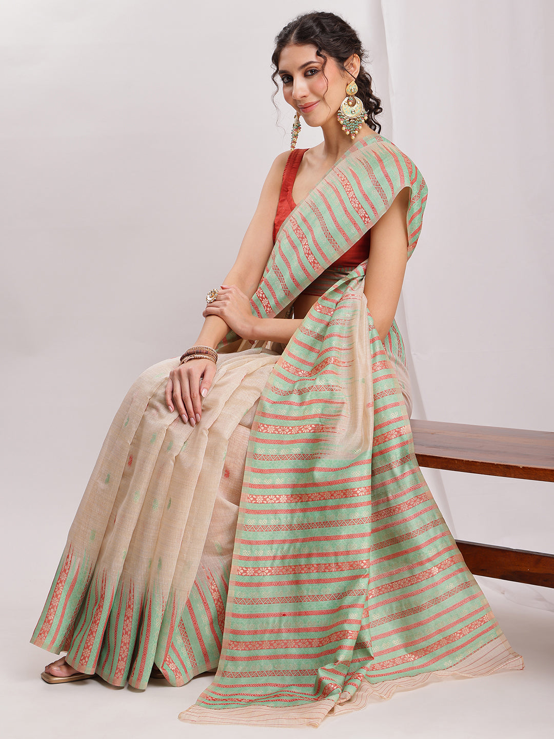Janasya Beige Silk Blend Ikkat Jacquard Saree | Grocsy