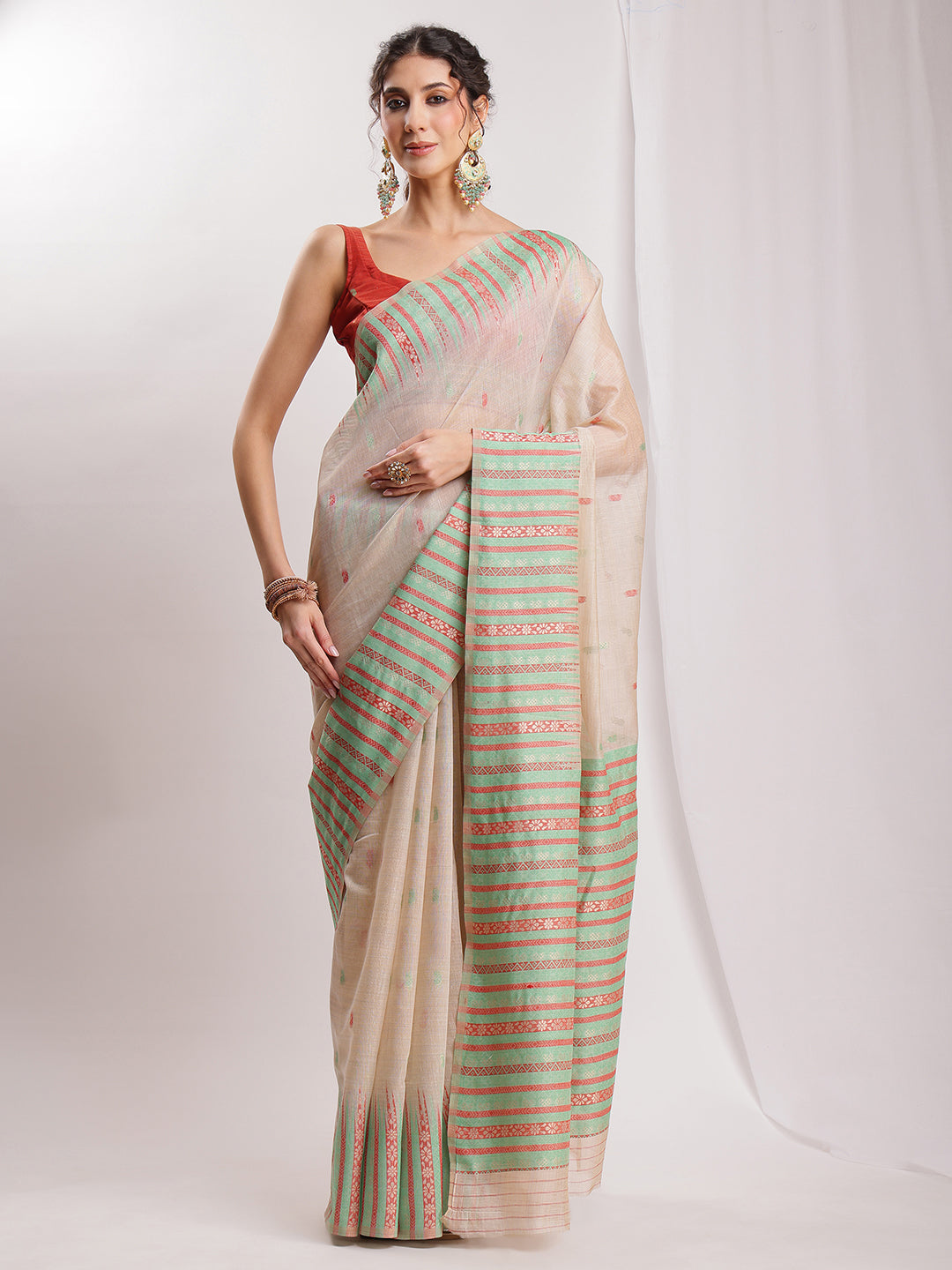 Janasya Beige Silk Blend Ikkat Jacquard Saree | Grocsy