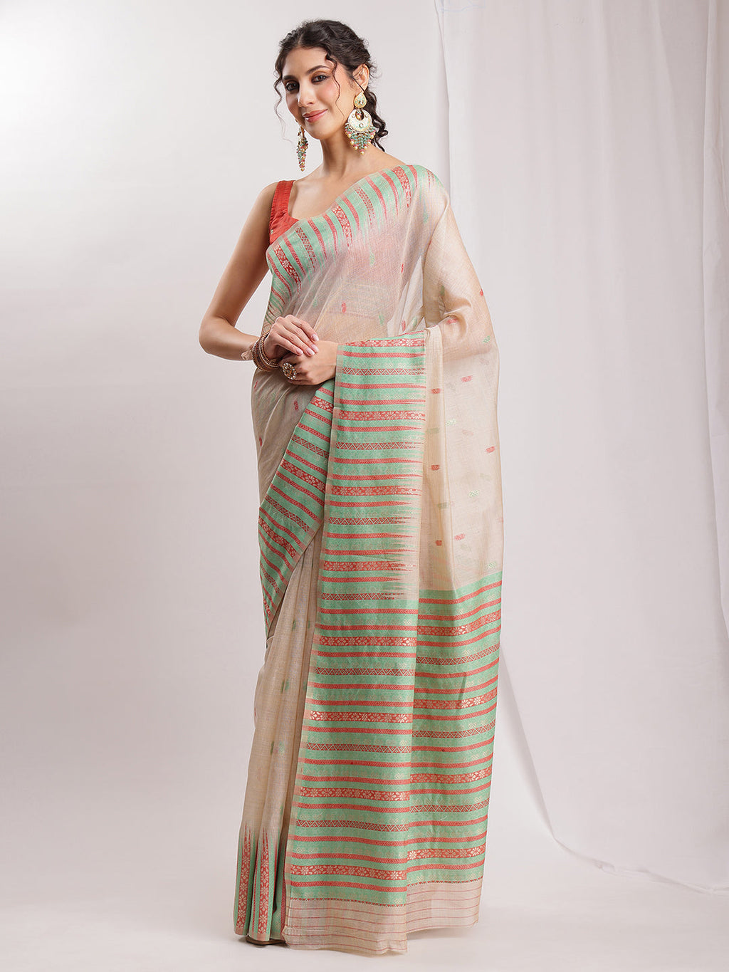 Janasya Beige Silk Blend Ikkat Jacquard Saree | Grocsy