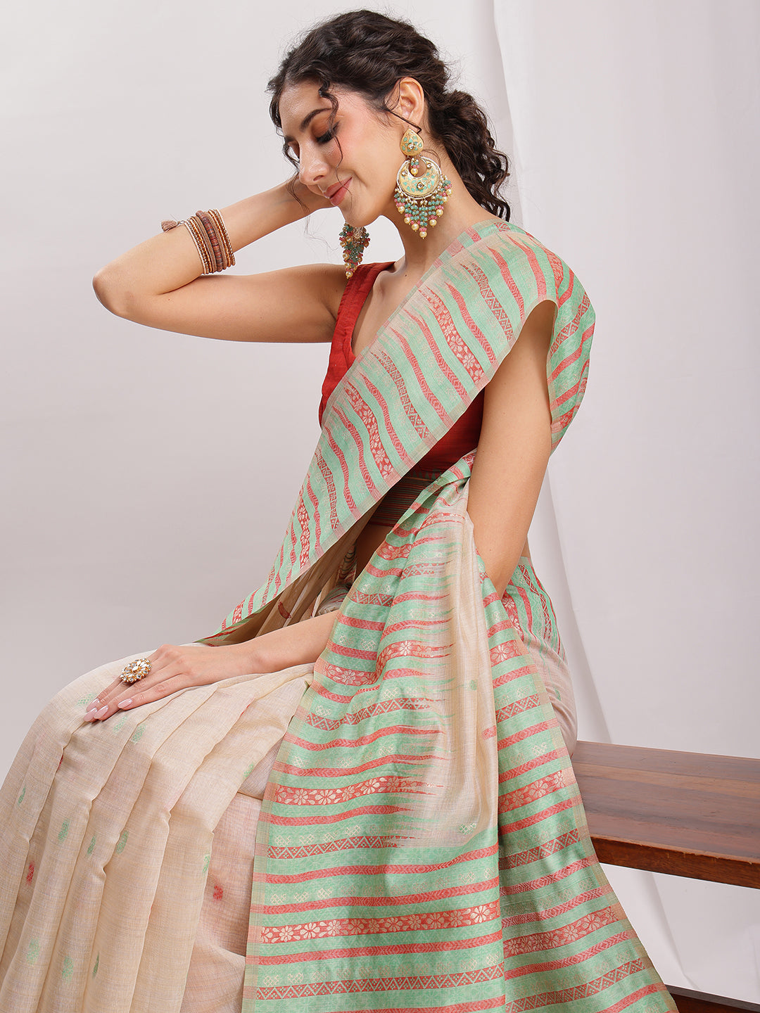 Janasya Beige Silk Blend Ikkat Jacquard Saree | Grocsy