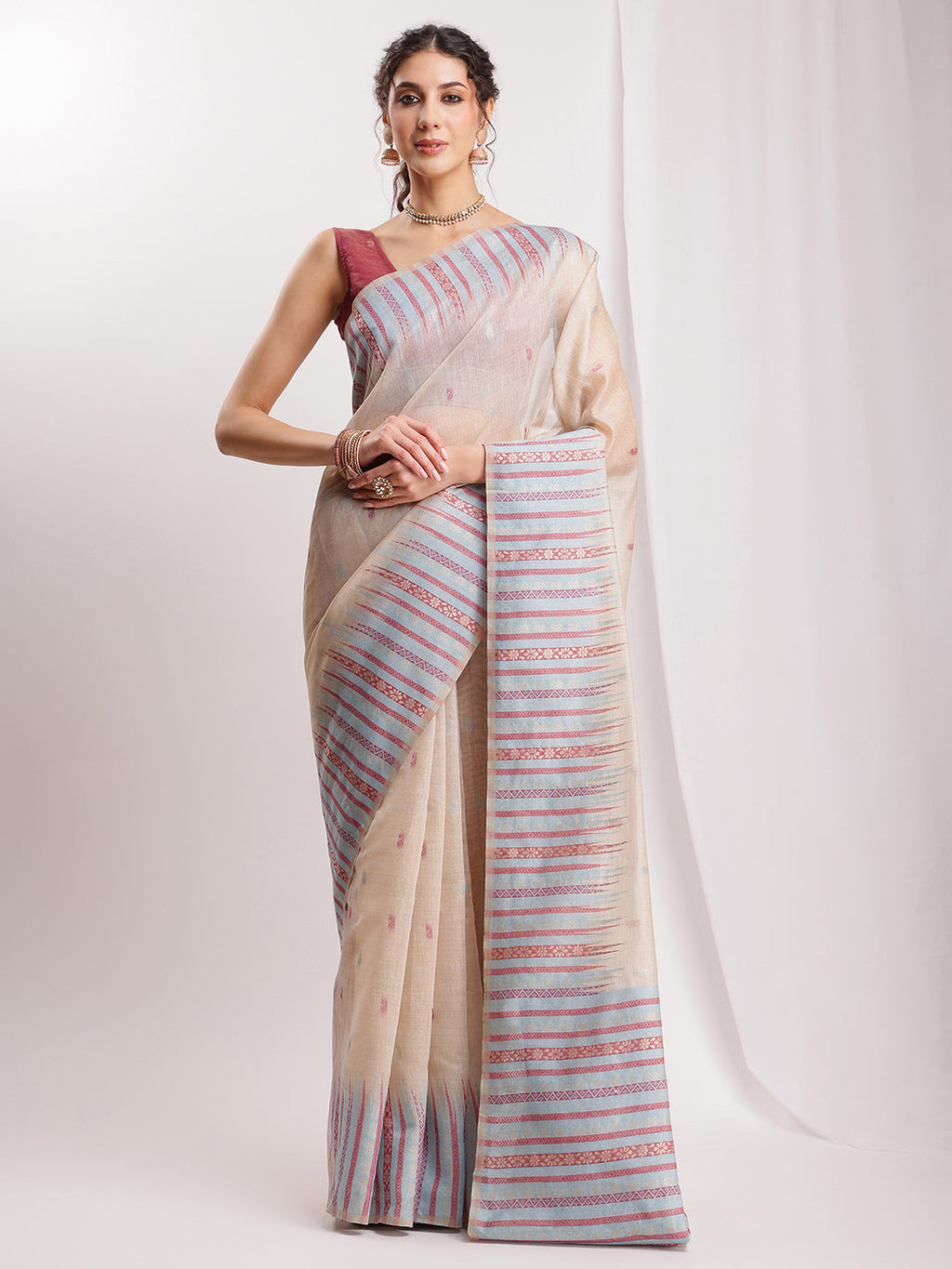 Janasya Beige Silk Blend Ikkat Jacquard Saree | Grocsy
