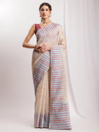 Janasya Beige Silk Blend Ikkat Jacquard Saree | Grocsy