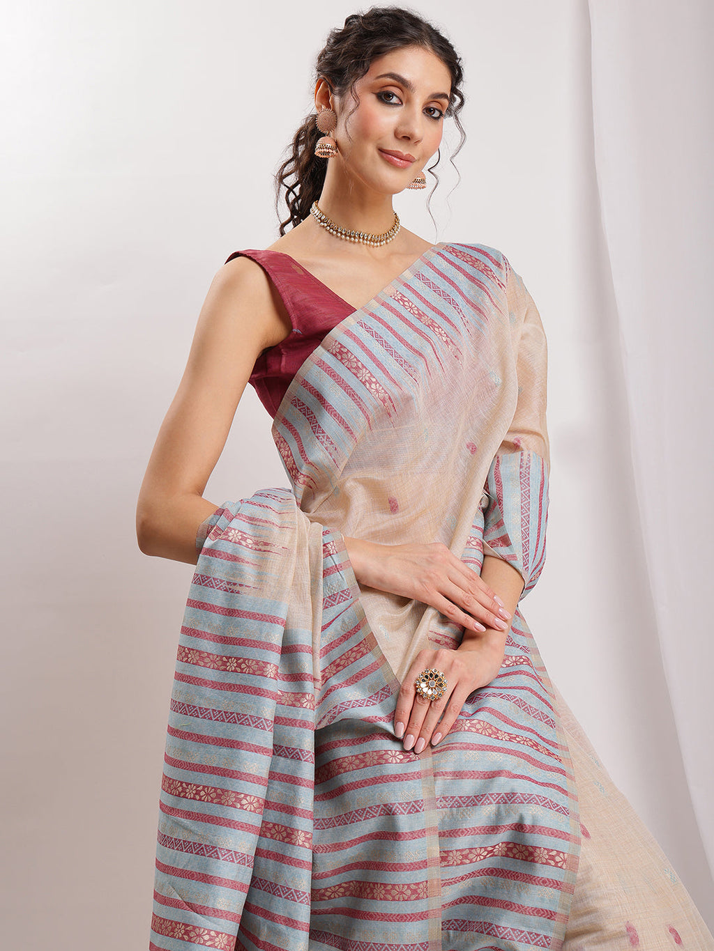 Janasya Beige Silk Blend Ikkat Jacquard Saree | Grocsy