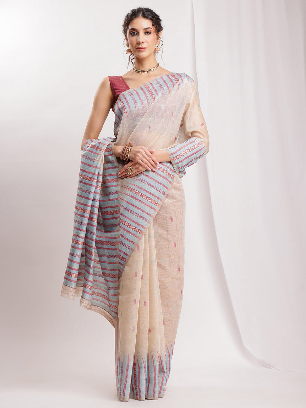 Janasya Beige Silk Blend Ikkat Jacquard Saree | Grocsy