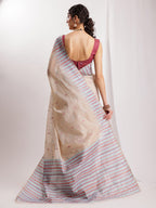 Janasya Beige Silk Blend Ikkat Jacquard Saree | Grocsy