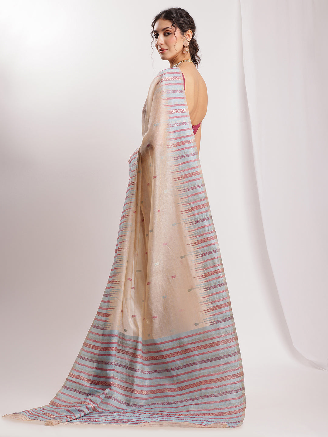 Janasya Beige Silk Blend Ikkat Jacquard Saree | Grocsy