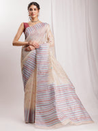 Janasya Beige Silk Blend Ikkat Jacquard Saree | Grocsy