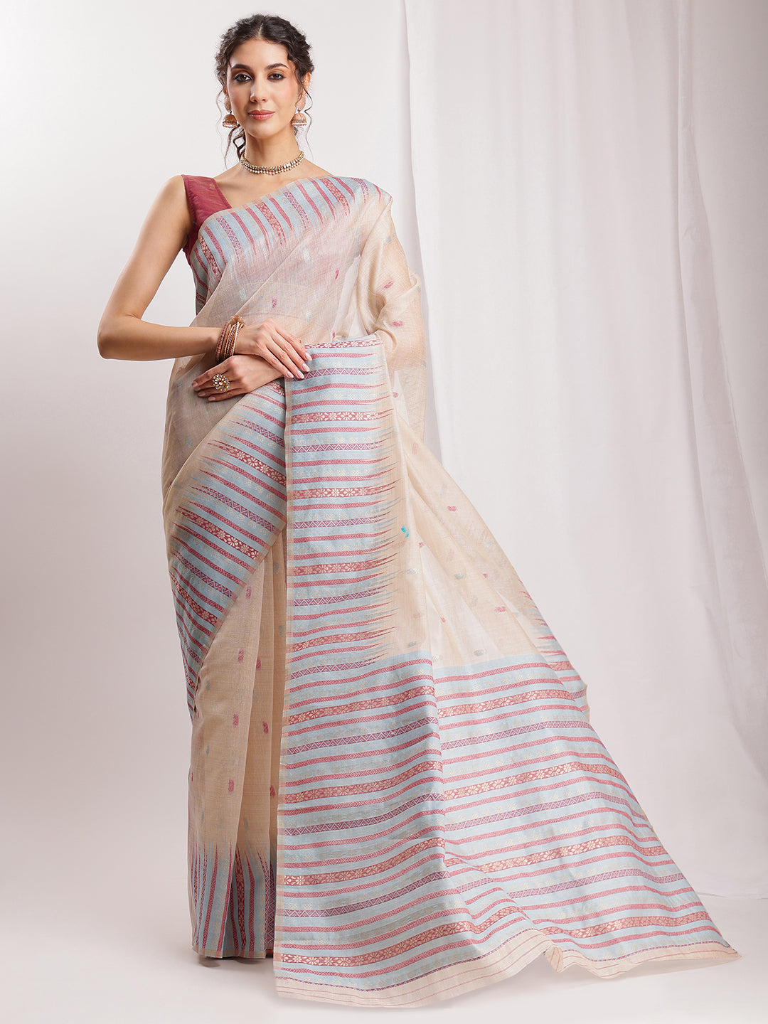 Janasya Beige Silk Blend Ikkat Jacquard Saree | Grocsy