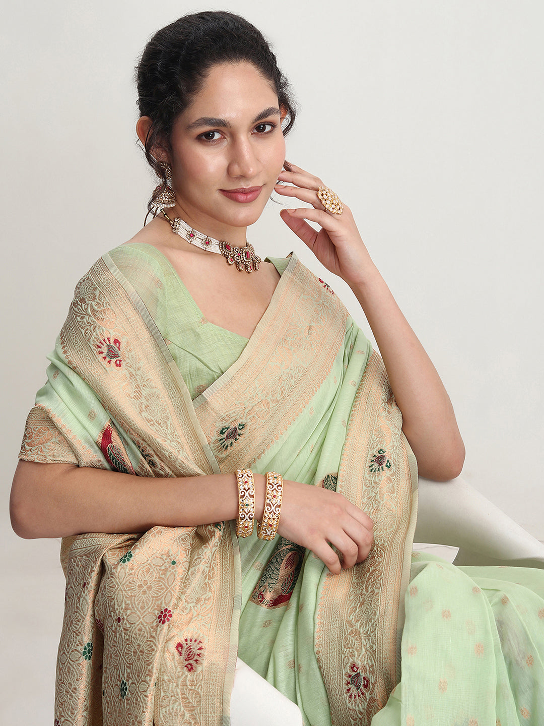 Janasya Light Green Linen Blend Kalamkari Jacquard Saree | Grocsy