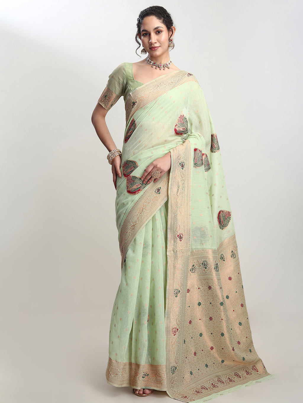 Janasya Light Green Linen Blend Kalamkari Jacquard Saree | Grocsy