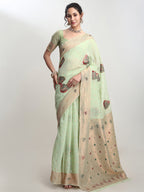Janasya Light Green Linen Blend Kalamkari Jacquard Saree | Grocsy