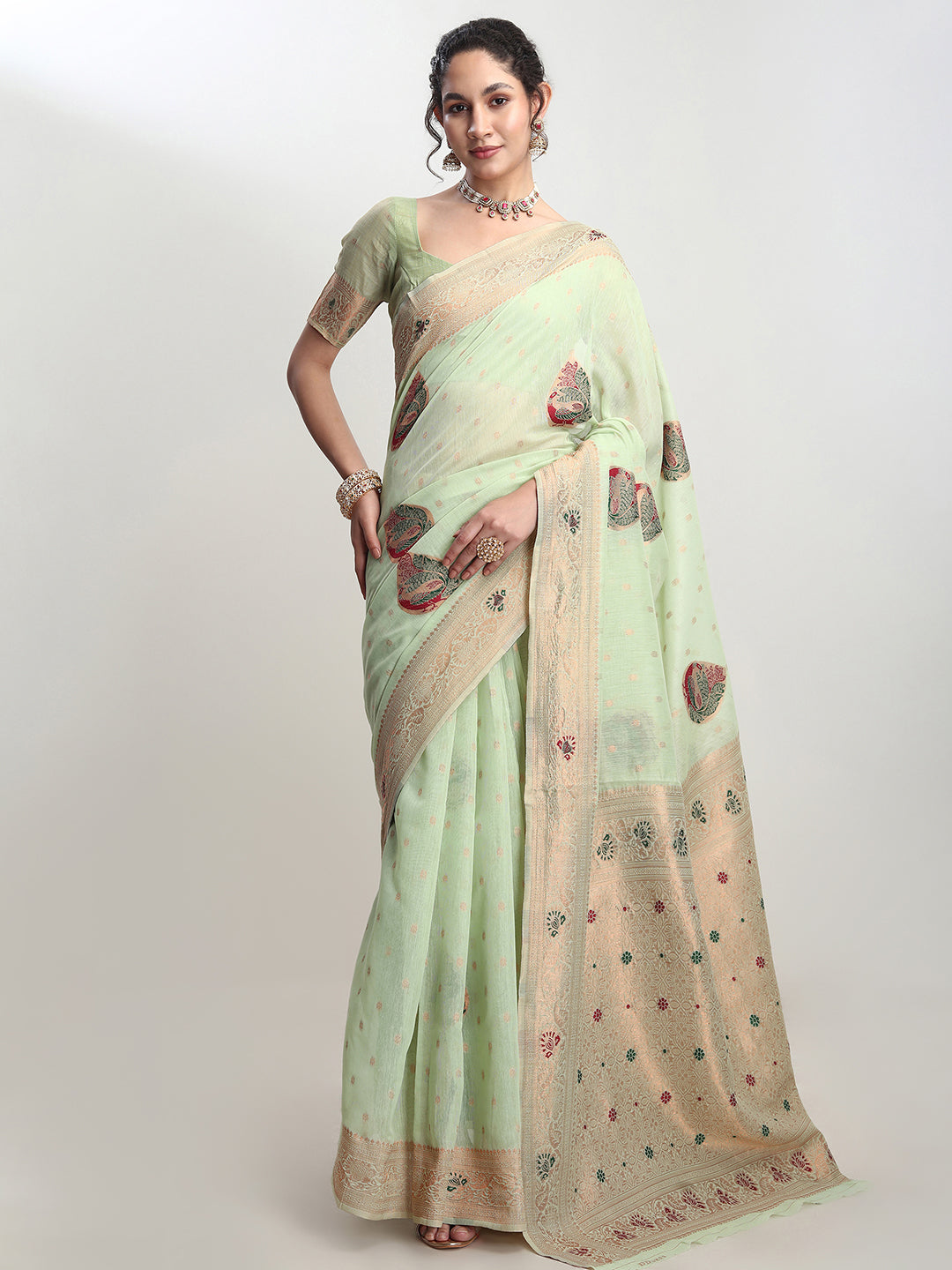 Janasya Light Green Linen Blend Kalamkari Jacquard Saree | Grocsy