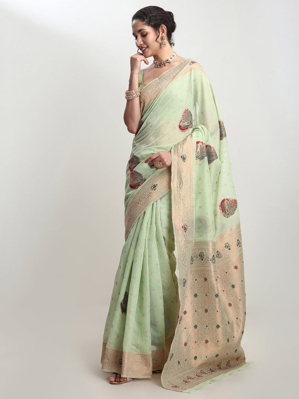 Janasya Light Green Linen Blend Kalamkari Jacquard Saree | Grocsy
