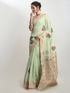 Janasya Light Green Linen Blend Kalamkari Jacquard Saree | Grocsy