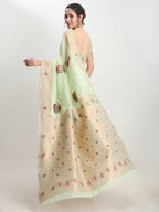 Janasya Light Green Linen Blend Kalamkari Jacquard Saree | Grocsy
