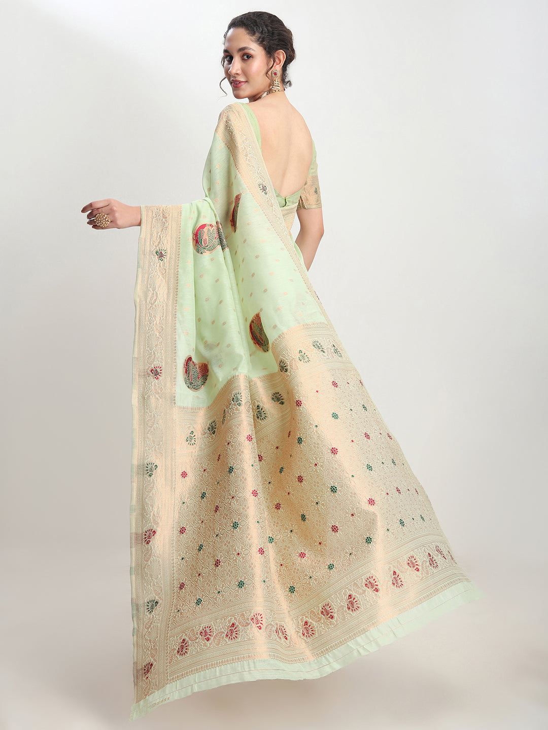 Janasya Light Green Linen Blend Kalamkari Jacquard Saree | Grocsy