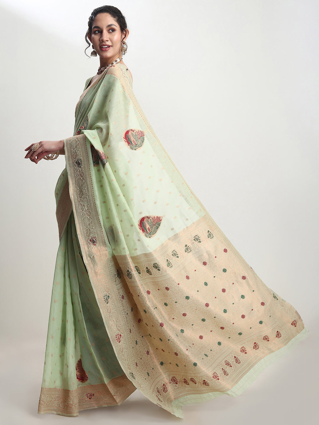 Janasya Light Green Linen Blend Kalamkari Jacquard Saree | Grocsy