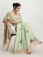 Janasya Light Green Linen Blend Kalamkari Jacquard Saree | Grocsy