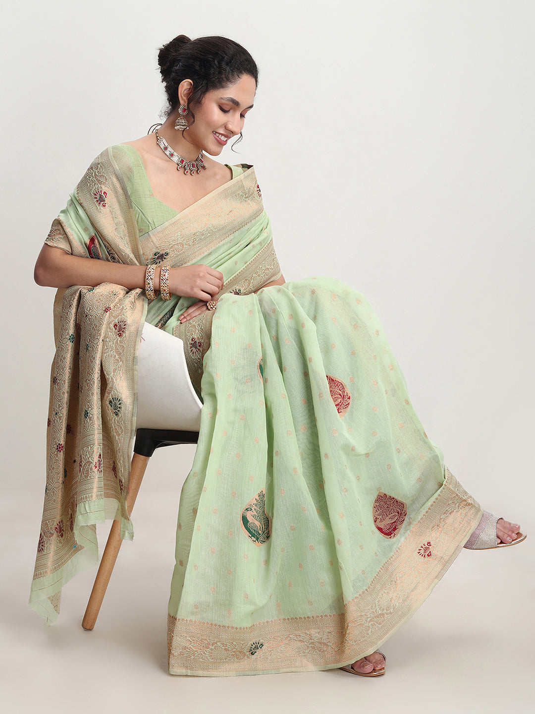 Janasya Light Green Linen Blend Kalamkari Jacquard Saree | Grocsy