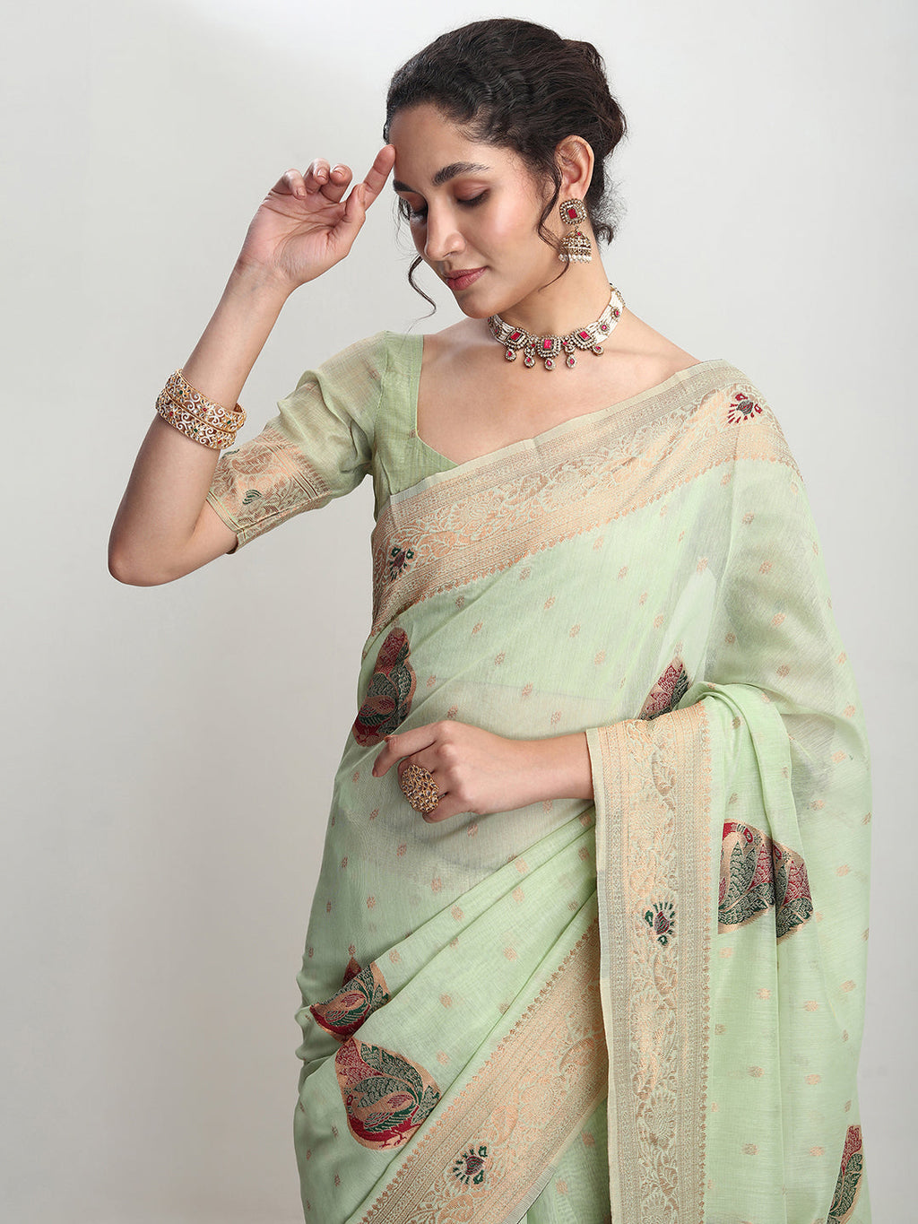 Janasya Light Green Linen Blend Kalamkari Jacquard Saree | Grocsy