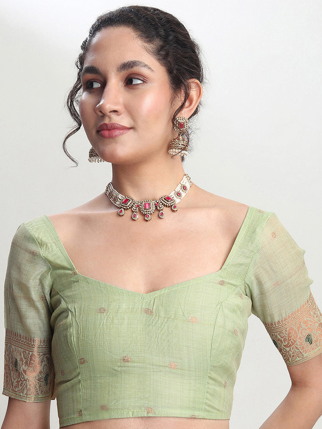 Janasya Light Green Linen Blend Kalamkari Jacquard Saree | Grocsy