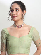Janasya Light Green Linen Blend Kalamkari Jacquard Saree | Grocsy