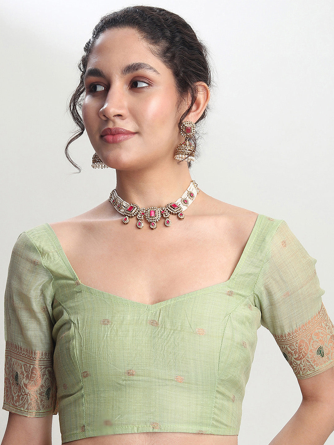 Janasya Light Green Linen Blend Kalamkari Jacquard Saree | Grocsy