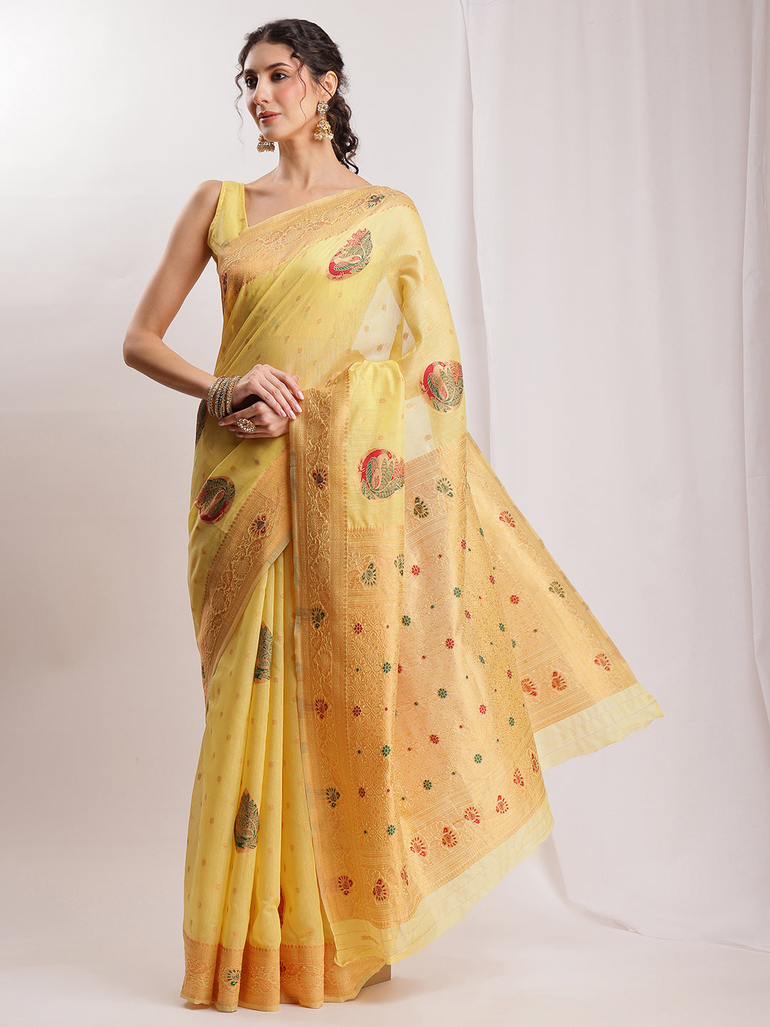 Janasya Yellow Linen Blend Kalamkari Jacquard Saree | Grocsy