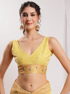 Janasya Yellow Linen Blend Kalamkari Jacquard Saree | Grocsy