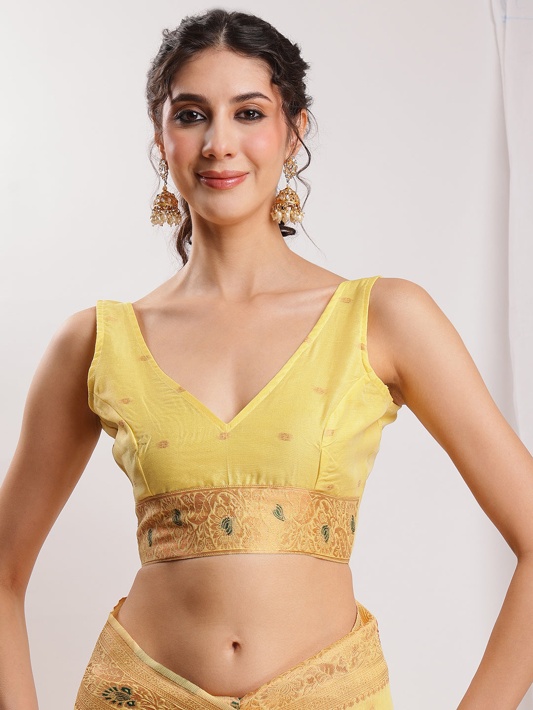 Janasya Yellow Linen Blend Kalamkari Jacquard Saree | Grocsy