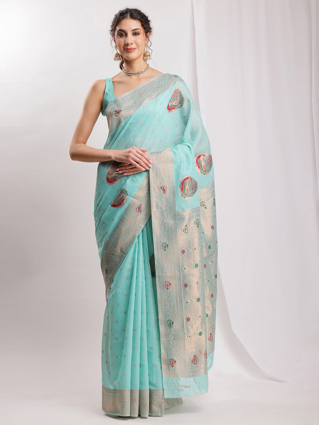 Janasya Sea Blue Linen Blend Kalamkari Jacquard Saree | Grocsy