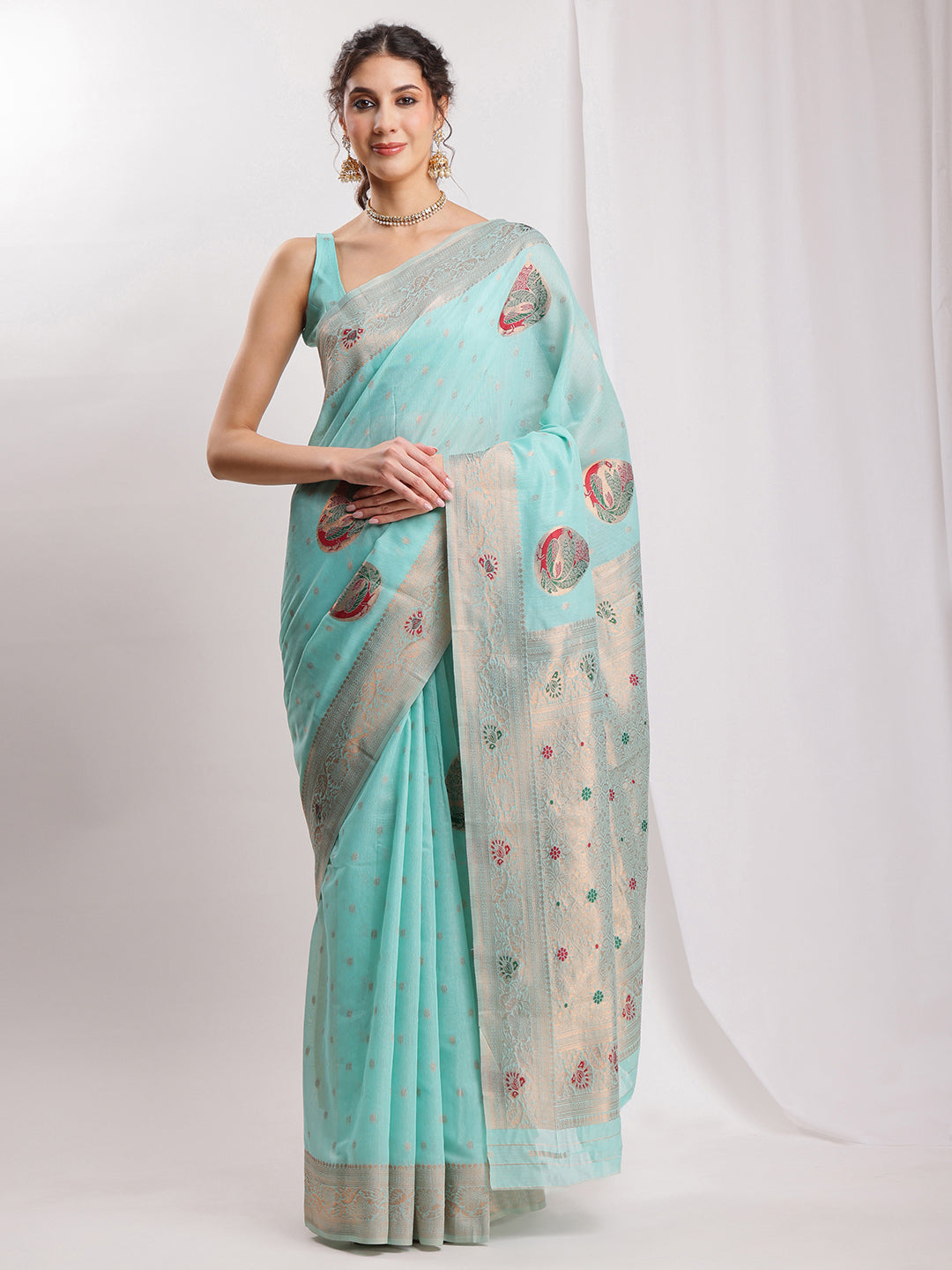 Janasya Sea Blue Linen Blend Kalamkari Jacquard Saree | Grocsy