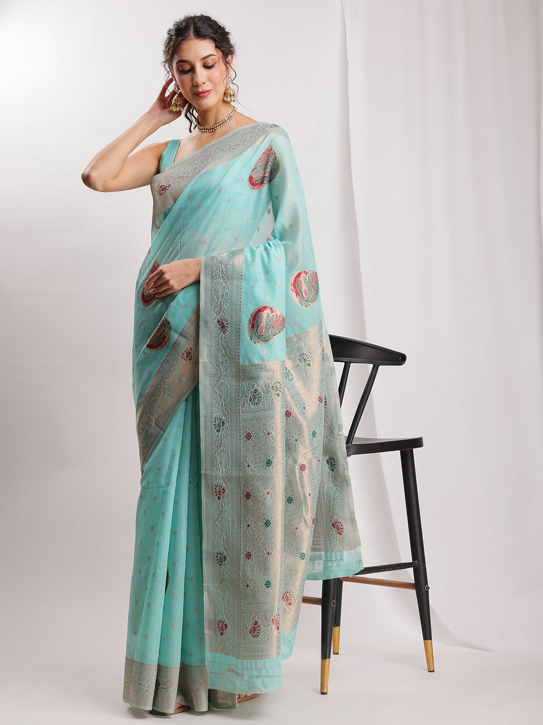 Janasya Sea Blue Linen Blend Kalamkari Jacquard Saree | Grocsy