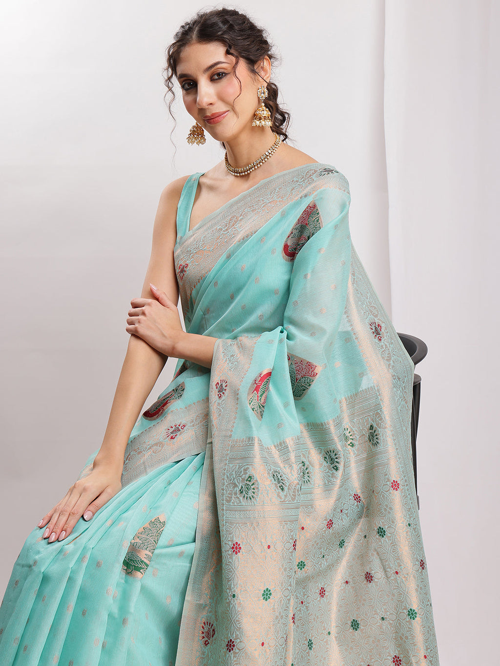 Janasya Sea Blue Linen Blend Kalamkari Jacquard Saree | Grocsy