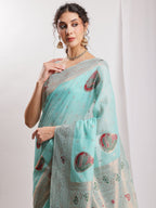Janasya Sea Blue Linen Blend Kalamkari Jacquard Saree | Grocsy